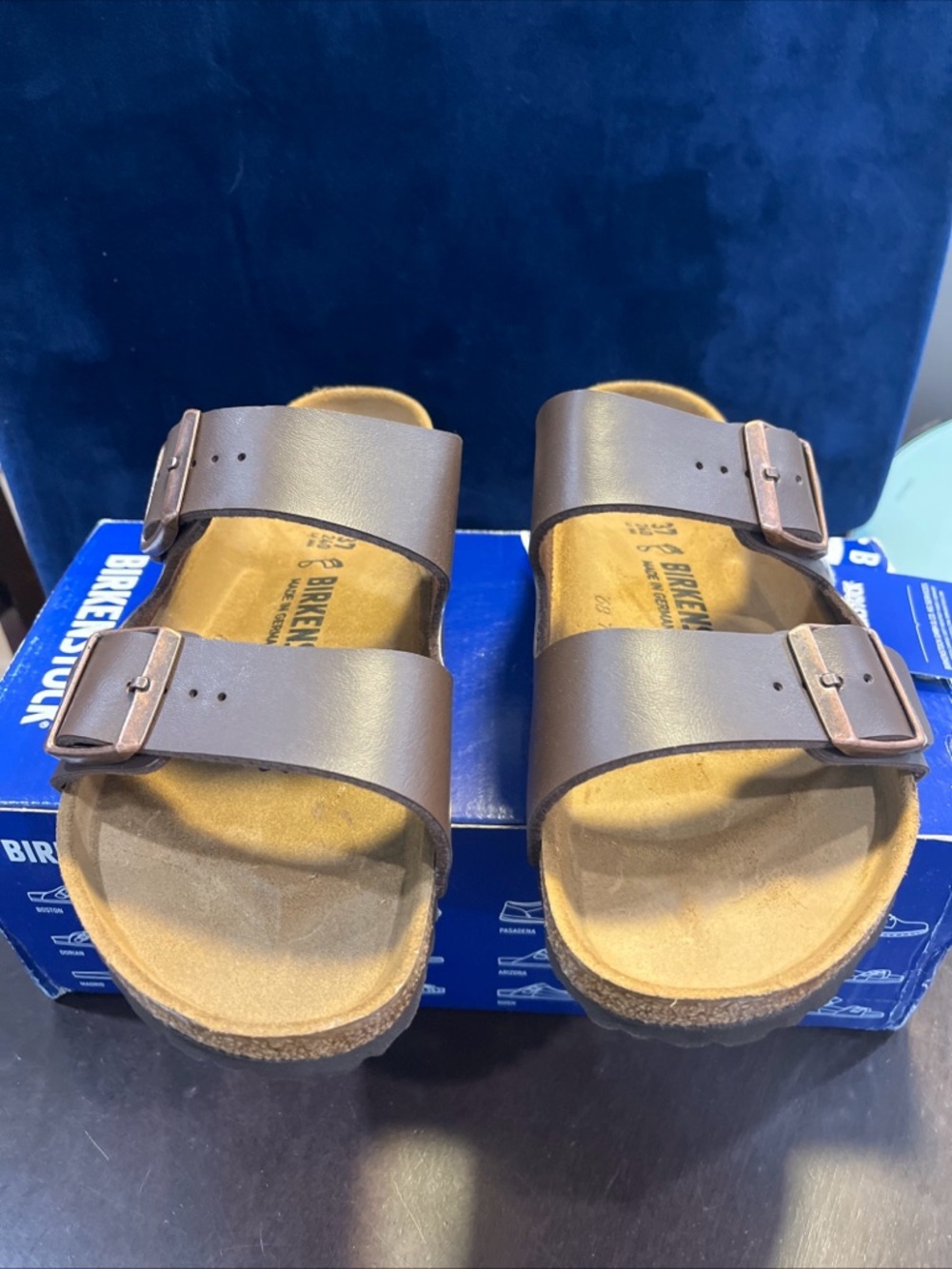 Birkenstock Brown Two-Strap Sandals with Cork Footbed